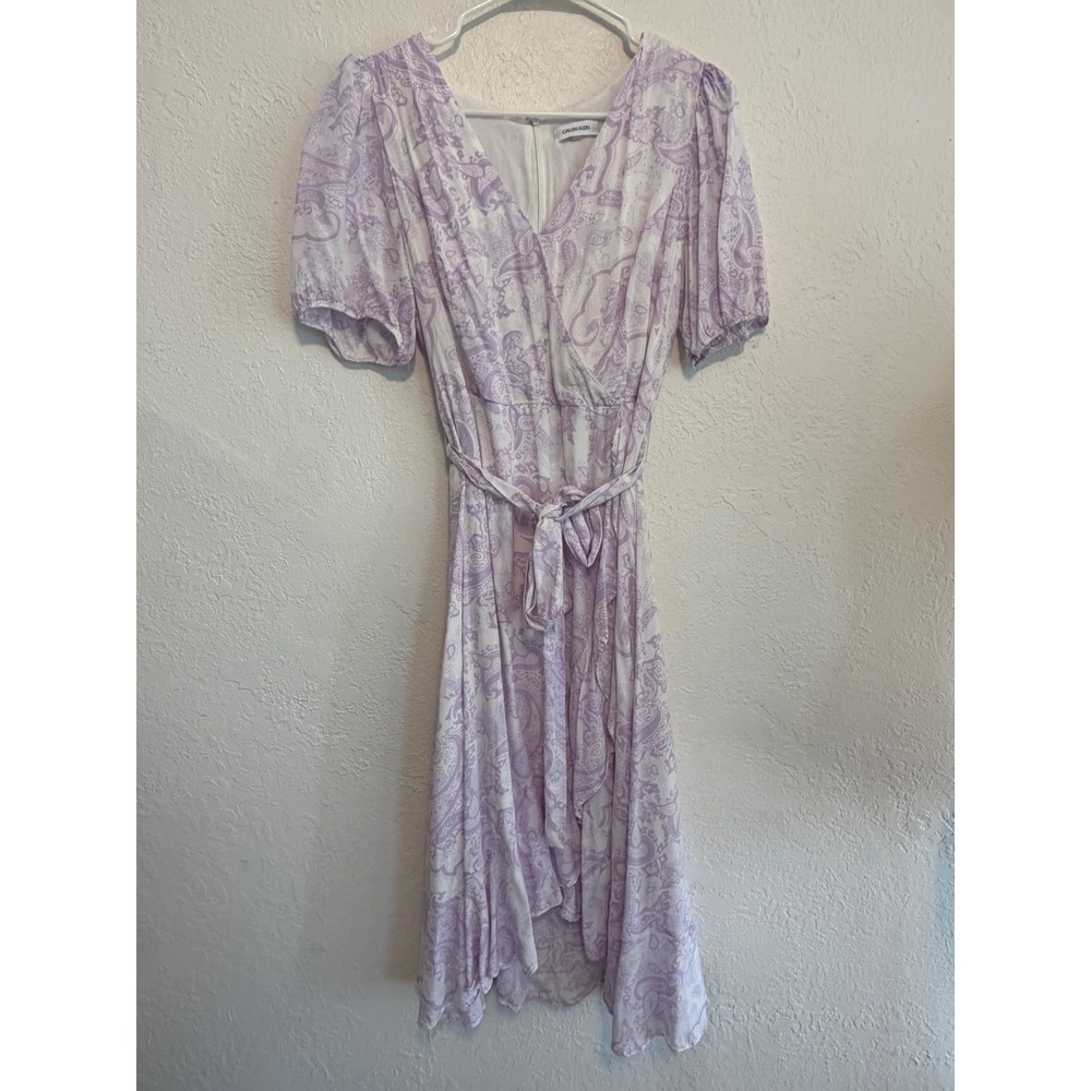 Calvin Klein Purple Paisley Puff Sleeve Faux Wrap Midi Dress Size 8